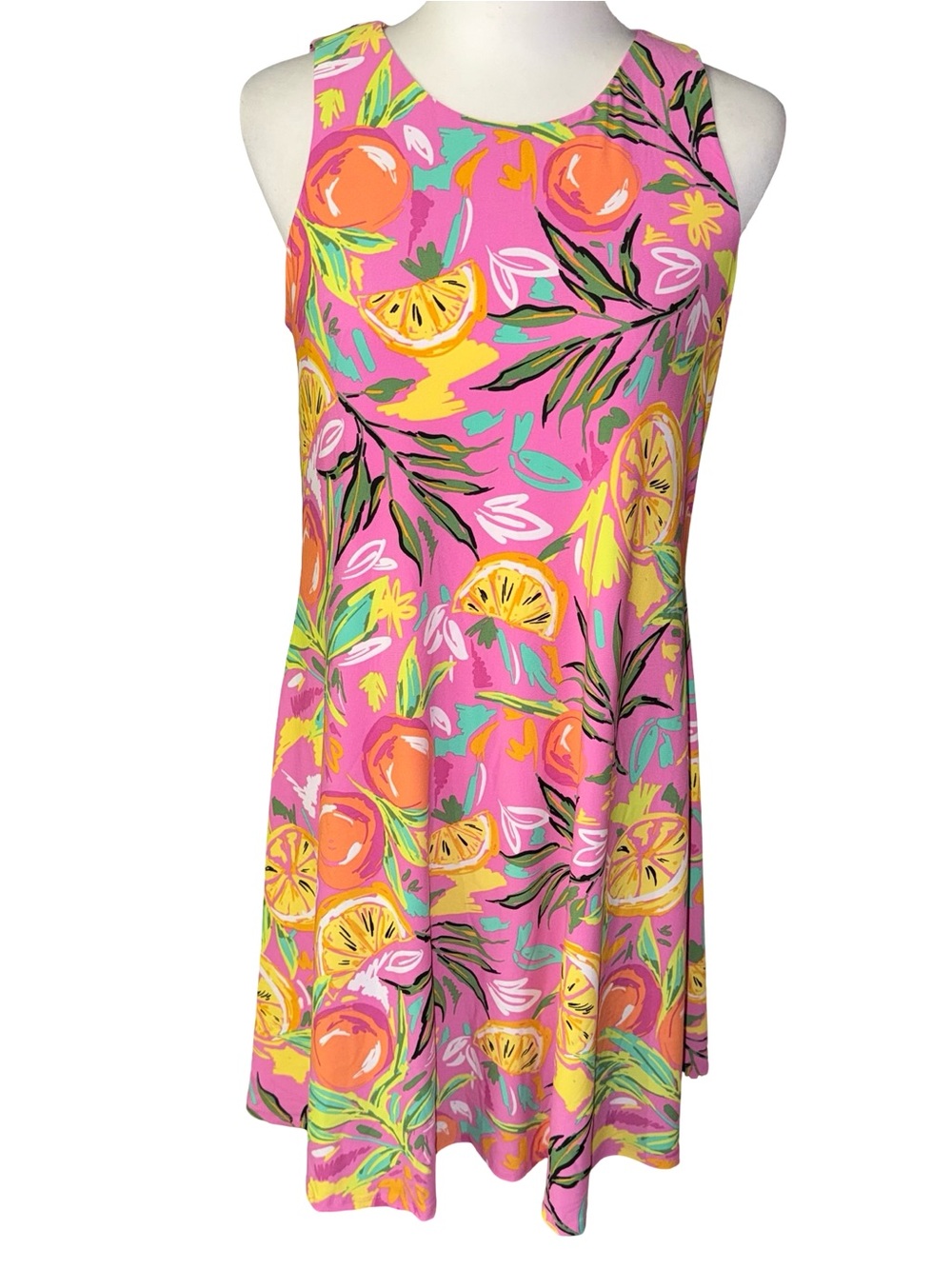 PAPPAGALLO Pink Lemon Orange Citrus Print Poly Stretch Lined Tunic Dress S NWT